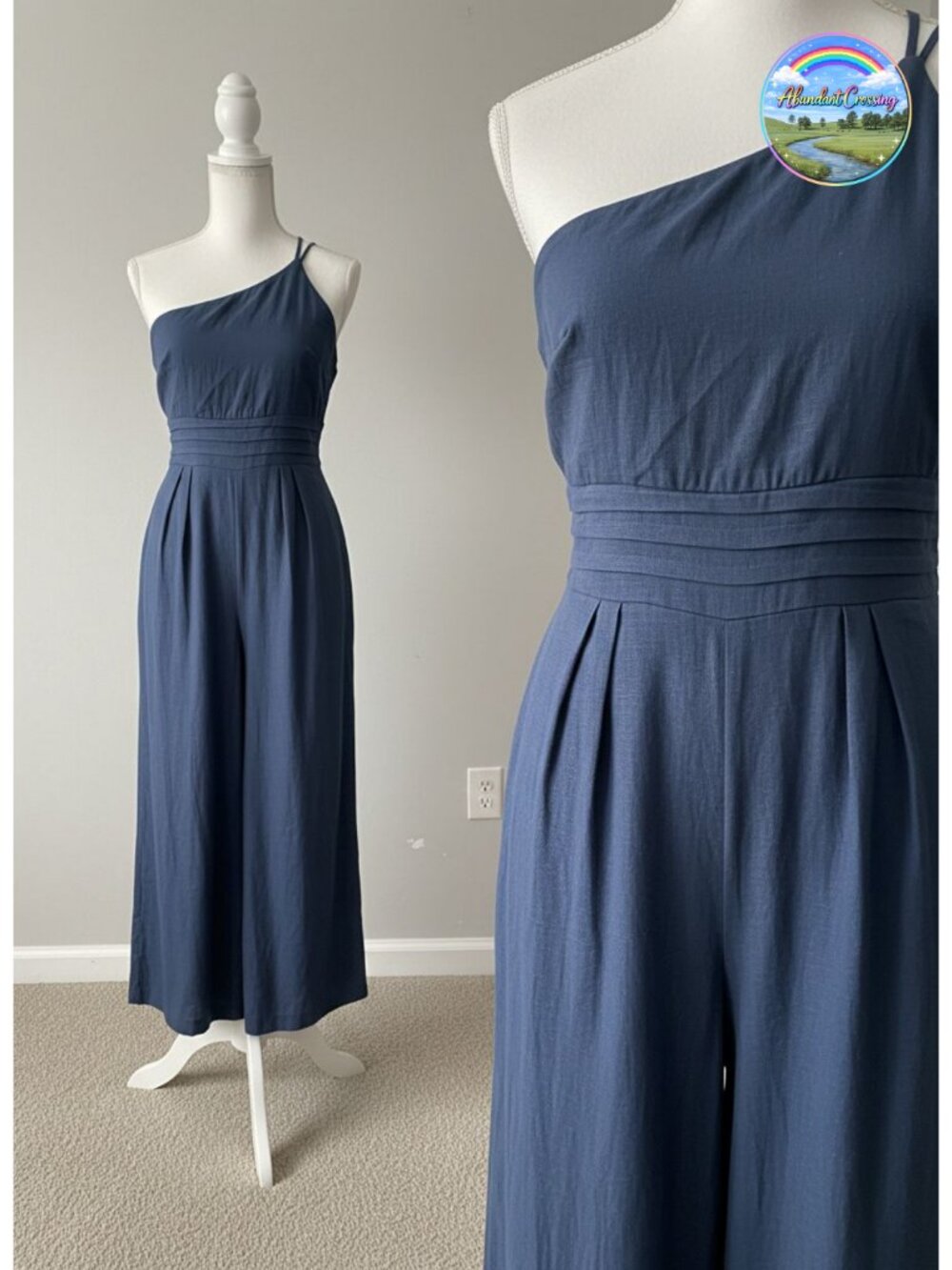 Linen One Shoulder Wide Leg Jumpsuit with Pockets